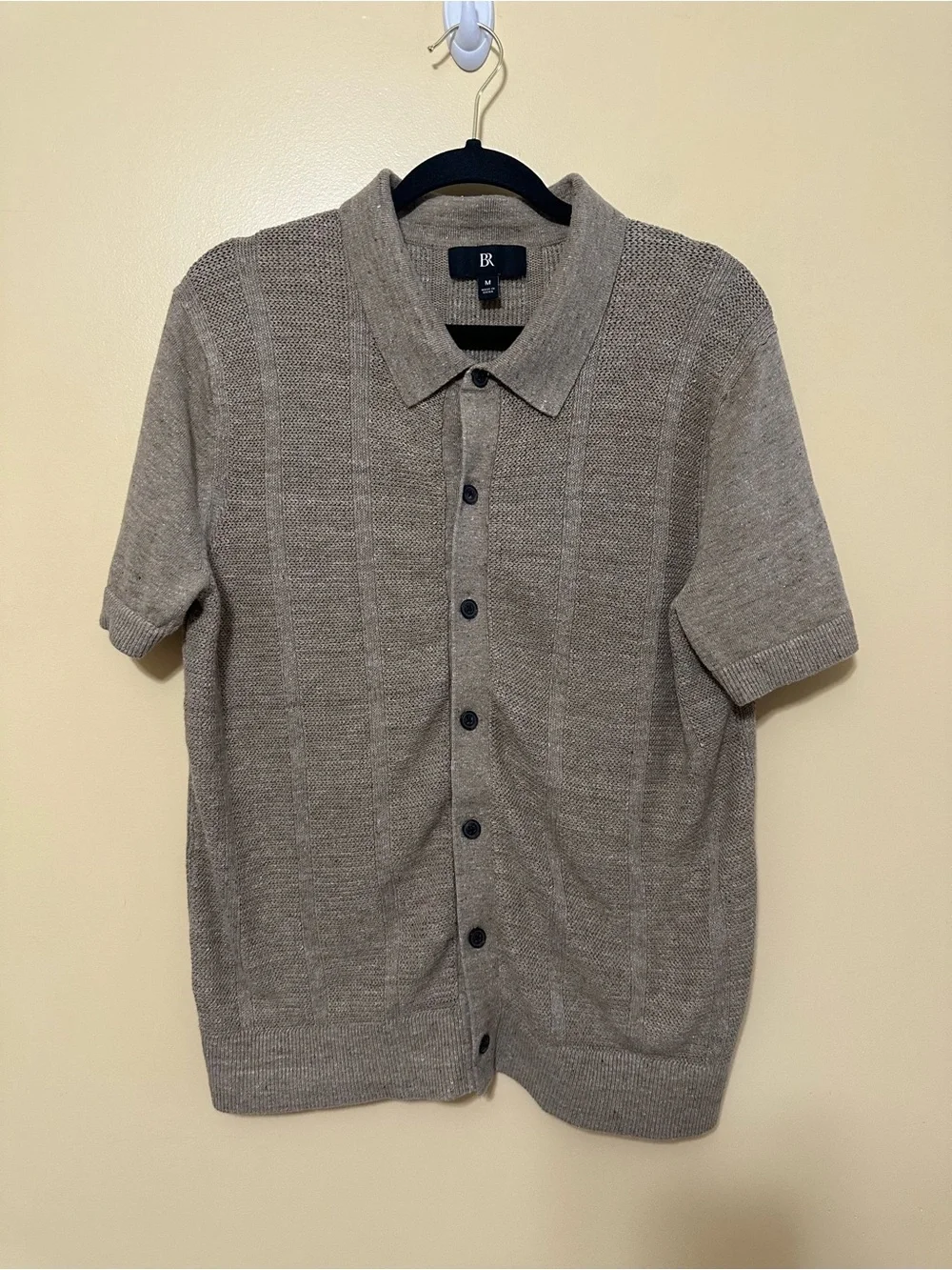 Banana Republic Linen Cotton Textured Polo Button Up Resort Shirt Men M Tan